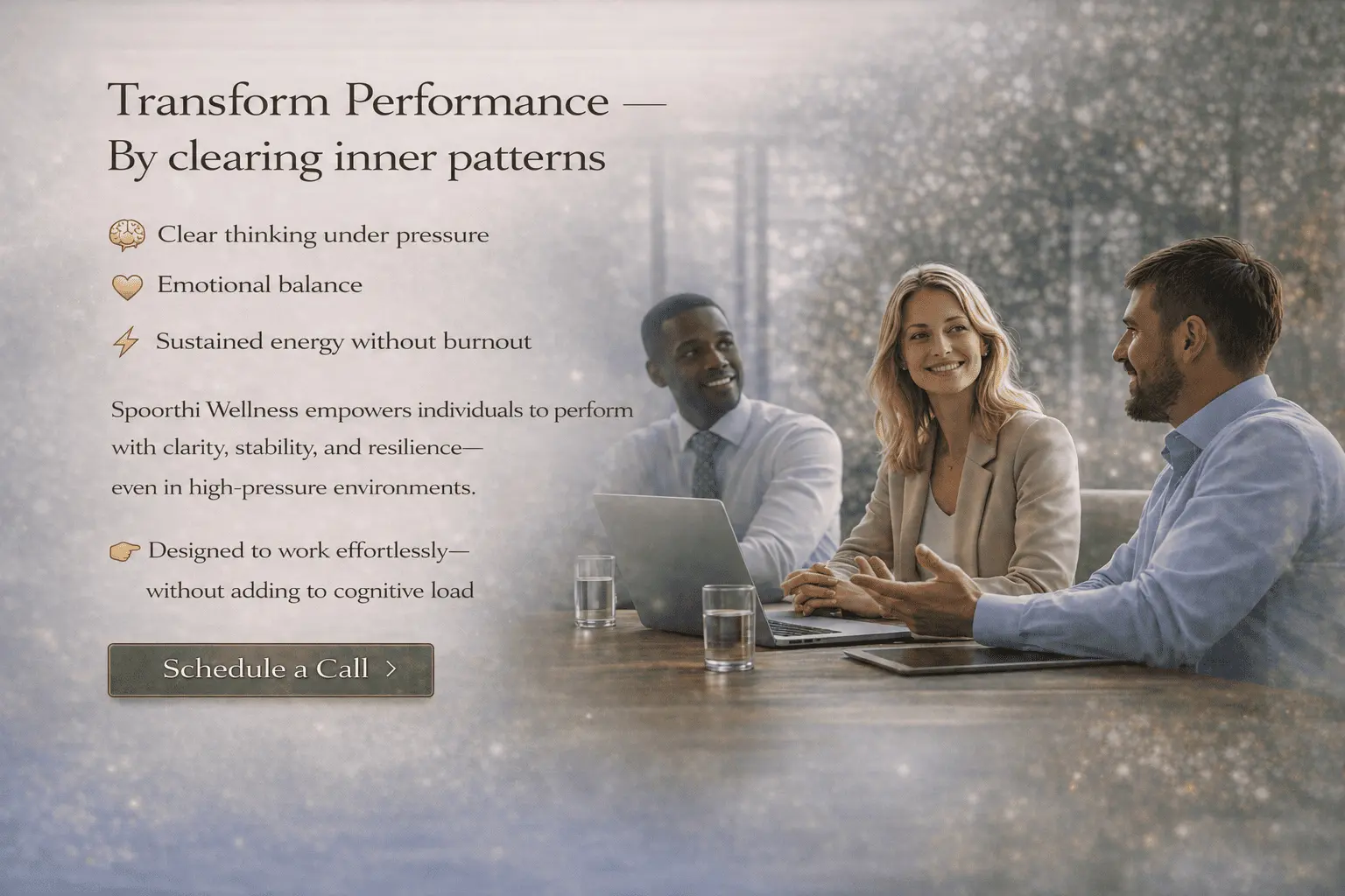 Three professionals collaborating in a workplace meeting, illustrating how clearing subconscious inner patterns supports clear thinking under pressure, emotional balance and sustained performance without burnout.